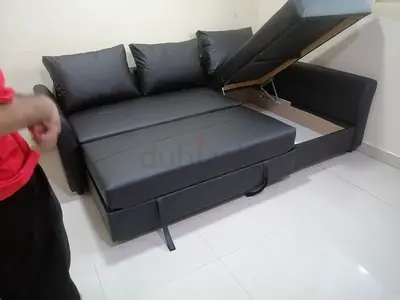 Black Leather Sofa Bed with Storage