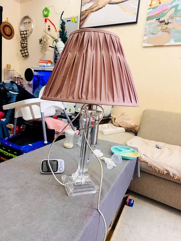 Pleated taupe table lamp with clear acrylic/crystal base