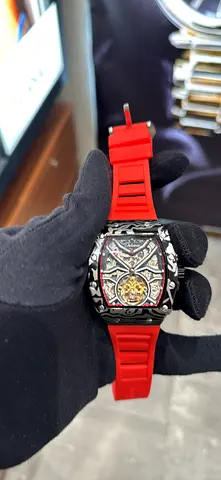 Stylish Red Rubber Strap Automatic Watch