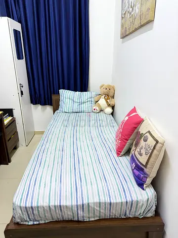 Single bed, mattress and cupboard