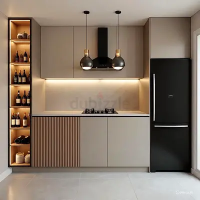 Modern kitchen cabinets with integrated wine shelf