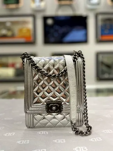 Chanel Metallic Silver Goatskin Quilted North Sout Boy Flap Bag (Authentic/PreOwned)