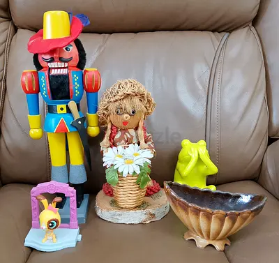 Mixed Collectibles: Wooden Nutcracker, Straw Doll, Ceramic Bowl  Small Figurines