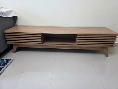 My low TV console — light oak slatted media unit