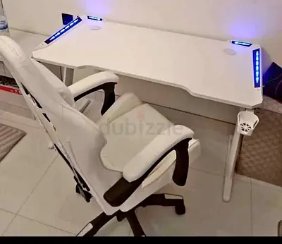 White gaming/computer desk with LED cup holders