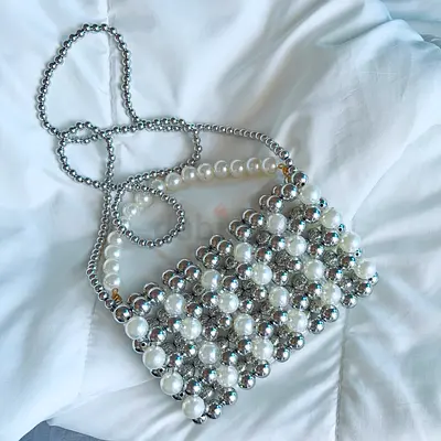 Elegant Pearl and silver Beaded Handbag / shoulder bag