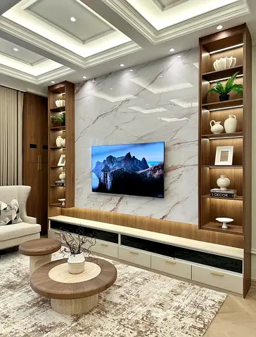 Stylish Modern Entertainment Center with Decorative Shelves