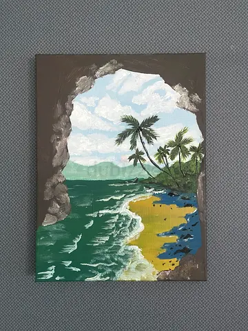 Original tropical seascape canvas painting - palm trees  cave view