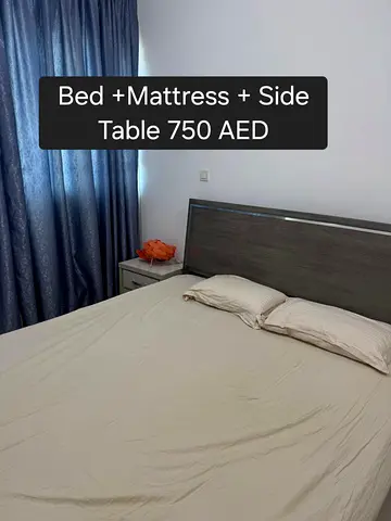 Sleek Gray Bed with Mattress and a side table for sale