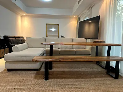 Wooden table with a bench