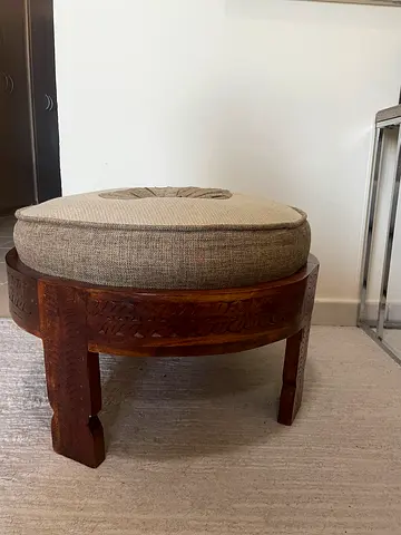 Vintage Wooden Stool with Upholstered Top