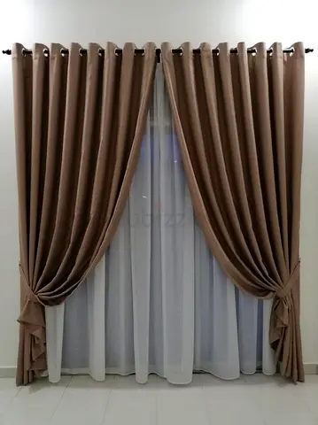 New Pair of brown blackout curtains with white sheer - eyelet top