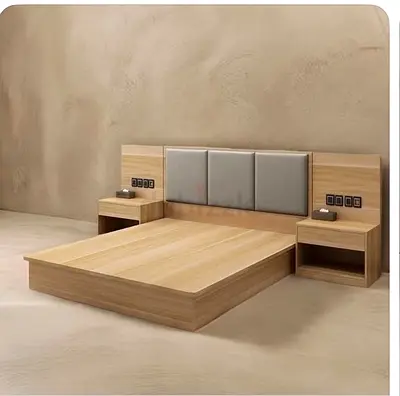 Wooden bed and built-in nightstands