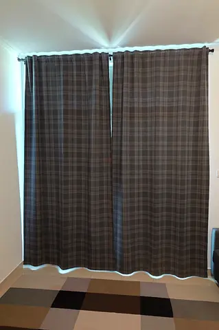 Pair of Dark Plaid Curtains with Rod. HAGGVECKMAL room dark crtns 1 pair 145x300 dark grey and rod.