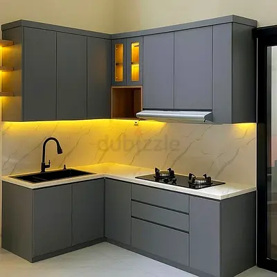 L-shaped Modern Kitchen Cabinets — Grey Matte with LED Lighting