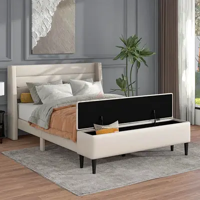 Wingback linen king bed with ottoman storage