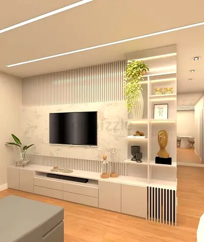 modern white built-in TV unit with display shelves