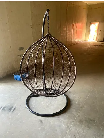 Hanging egg chair with stand — brown woven rattan, used