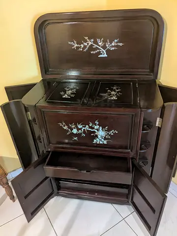 Bar - Dark rose wooden bar armoire / storage cabinet with mother-of-pearl inlay