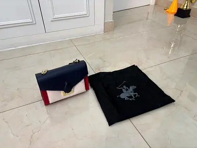 Tricolor (navy/white/red) womens shoulder bag with chain strap and dust bag