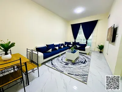 شقة فاخره غرفتين وصالة مع بلكونه  للإيجار الشهري. عجمان الراشديه 3. مفروش بالكامل، الايجار يشمل الفواتير والإنترنت وموقف
