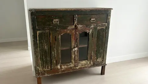 Vintage wooden cabinet with glass doors and secret drawers