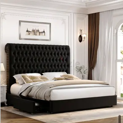 Elegant Black Upholstered King Size Bed with Storage