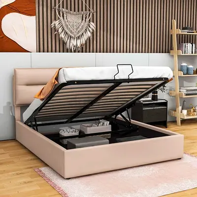 Pink soft velvet queen hydraulic storage bed