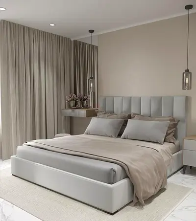 upholstered platform bed with padded headboard — modern neutral beige