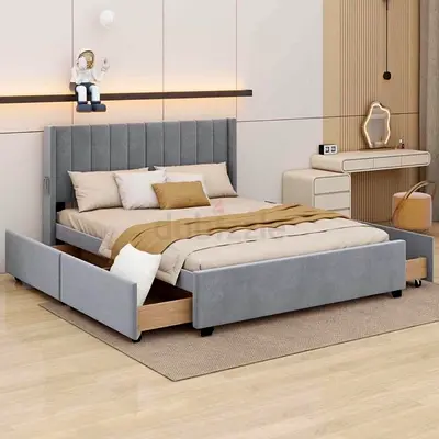Modern King Size Grey Bed with Storage