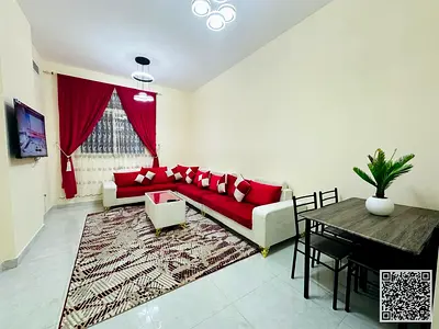 شقة فاخره غرفتين وصالة مع بلكونه  للإيجار الشهري. عجمان النعيميه 2. مفروش بالكامل، الايجار يشمل الفواتير والإنترنت وموقف