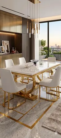 6-seater modern white marble dining set with gold base