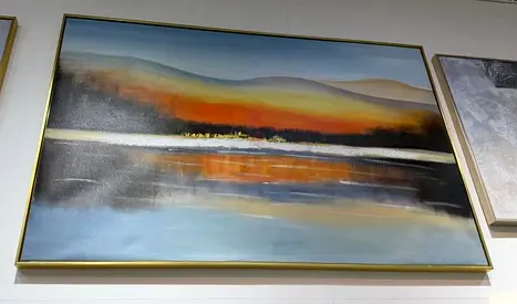 Large framed abstract landscape painting with gold frame