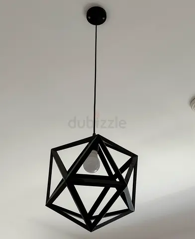 Two Black Geometric Metal Pendant Ceiling Lights with ceiling attachments