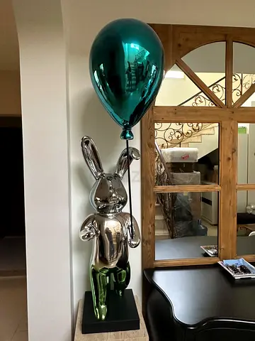 My Chrome Bunny Sculpture with Blue Balloon with travertine base
