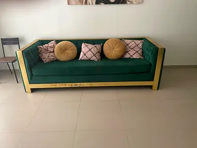 2 Three Seater Stylish Green Sofas with Decorative Cushions +side table