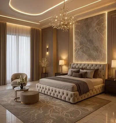 king-size tufted upholstered bed  customization options in colours sizes,side tables dressing avail