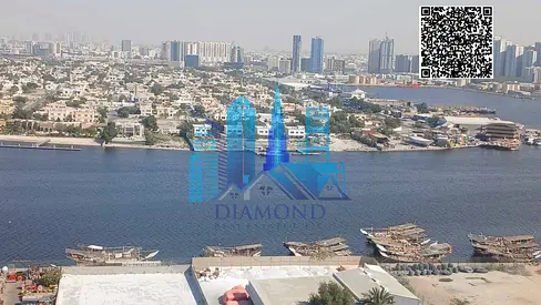 Available For sale a vacant one-bedroom apartment with a view of Ajman Creek in the Orient Towers, freehold ownership in the Emirate of Ajman.