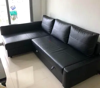 Black Leather Sectional Sofa-bed with storage