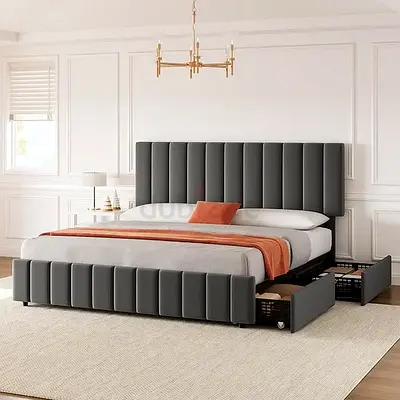 Stylish Gray Upholstered Bed with Storage