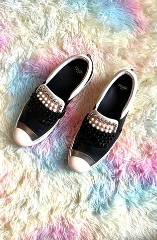 Authentic Fendi x Karl Lagerfeld Stylish Black Slip-On Sneakers with Pearl Accents