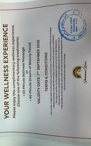Paramount 5 star hotel Wellness Experience Gift Card worthy 550 AED