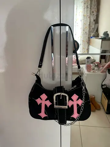 Trendy Black Shoulder Bag with Pink Cross Design