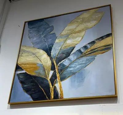 Framed Blue  Gold Leaf Canvas Wall Art - Modern Decorative Painting