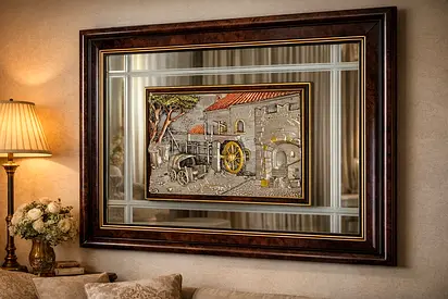 Framed metal relief wall hanging — 1913vintage watermill scene