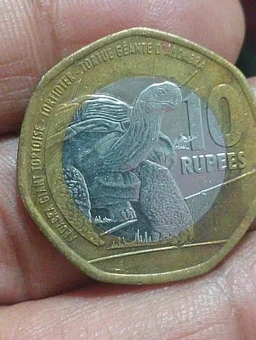 10 Rupee Coin featuring Aldabra Giant Tortoise