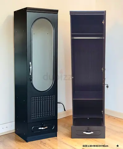 Two slim black armoires with mirror, 190cm high