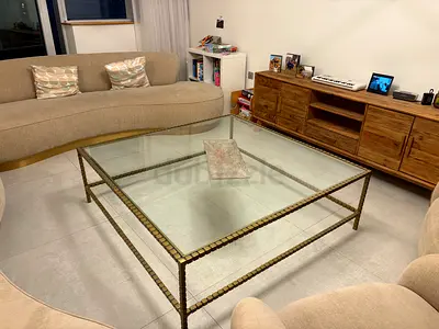 Square Glass Coffee Table with Brass Frame — Good Condition