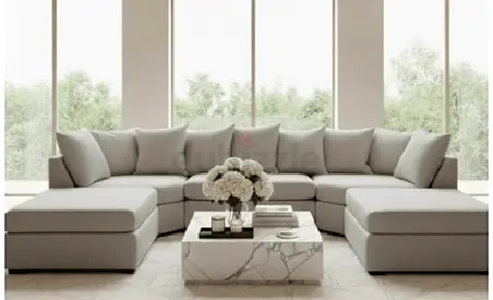 Modern L-Shaped 5 seater sofa with cushions and ottamn