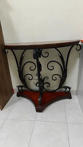 Demilune Console Table — Wrought Iron Scrollwork with Wooden Top